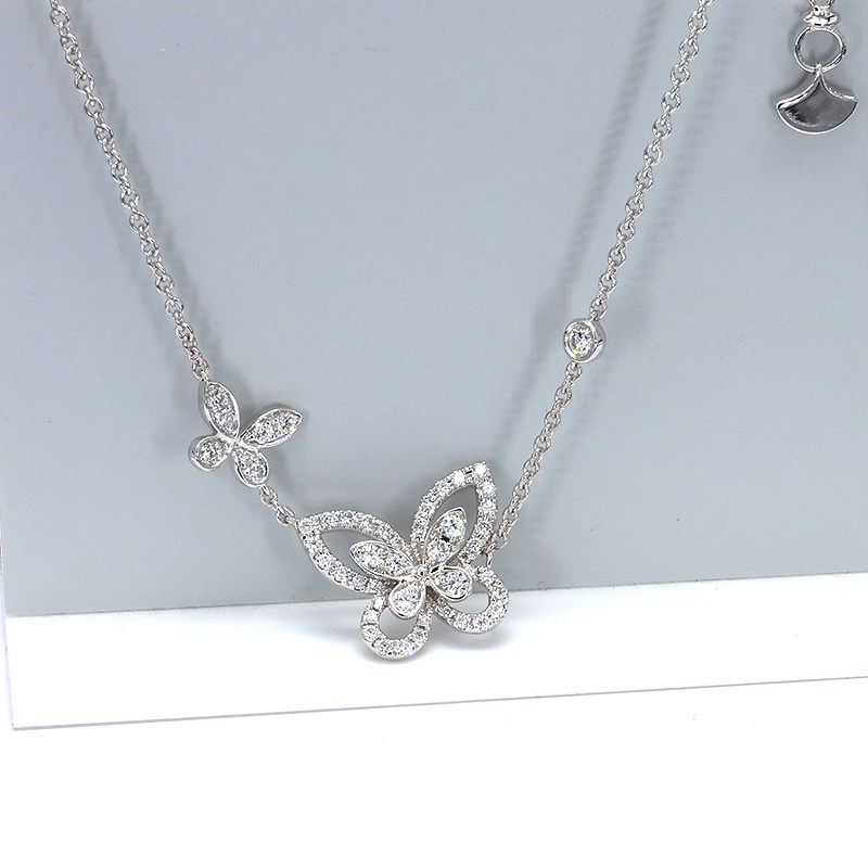 Hollow Butterfly Frame Pave Main Pendant White Gold Necklace