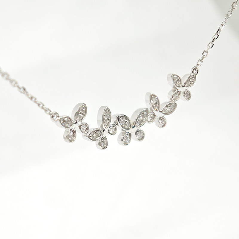 5 Connected Butterfly Motif Asymmetric Curve Shaped Pave Bezel Diamond Necklace