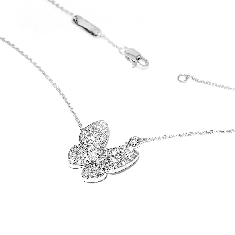 Staggered Butterfly Motif Full Pave Bezel Lab Diamond Pendant Necklace with spring ring clasp
