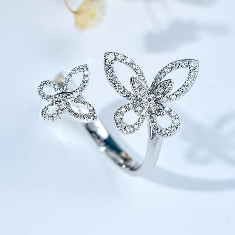 Two Hollow Shaped Pave Butterfly Diamond Ring With Bypass Shoulder in White Gold