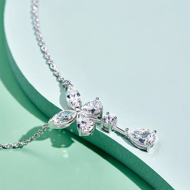 Butterfly Motif & Mixed Cut Lab Grown Diamond Drop Pendant Necklace