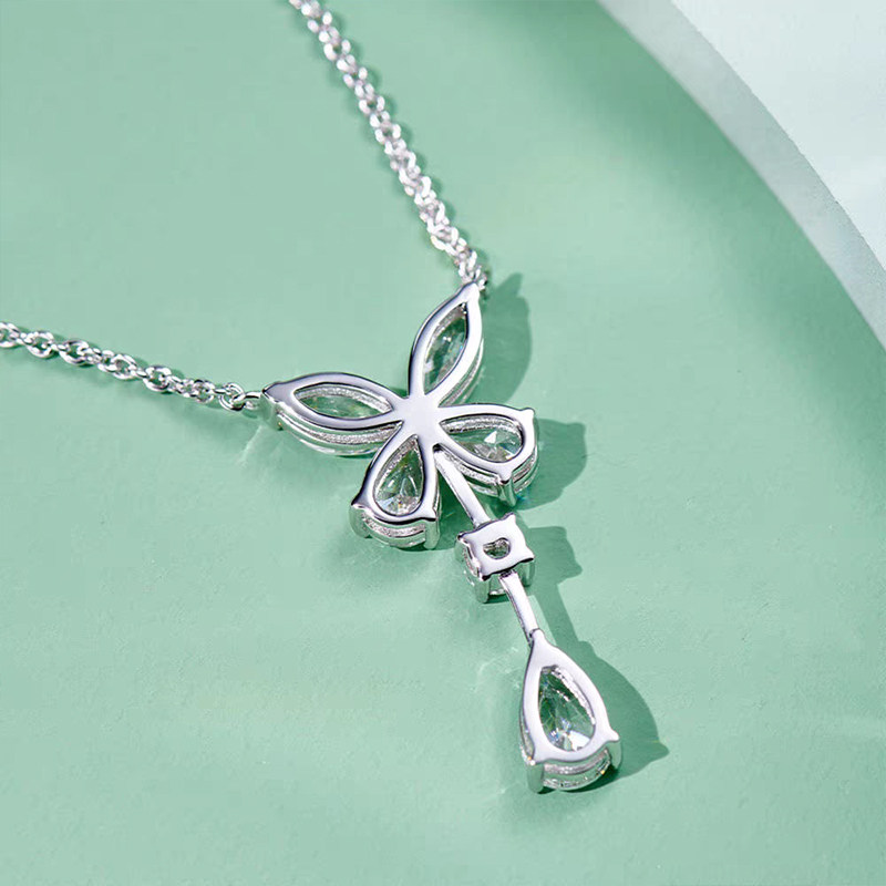 Butterfly Motif & Mixed Cut Lab Grown Diamond Drop Pendant Necklace back side