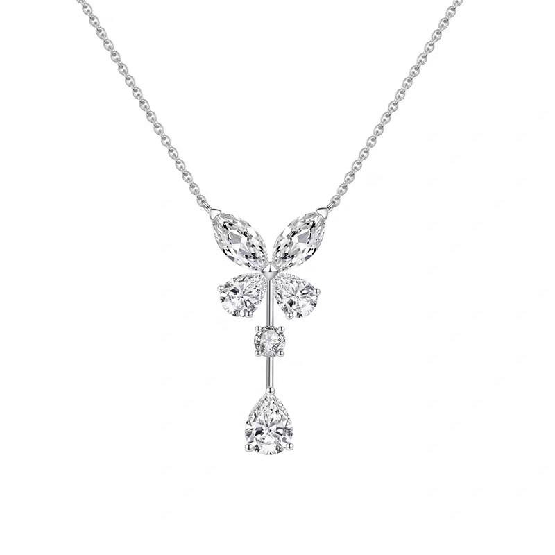 Butterfly Motif & Mixed Cut Lab Grown Diamond Drop Pendant Necklace in blank background image