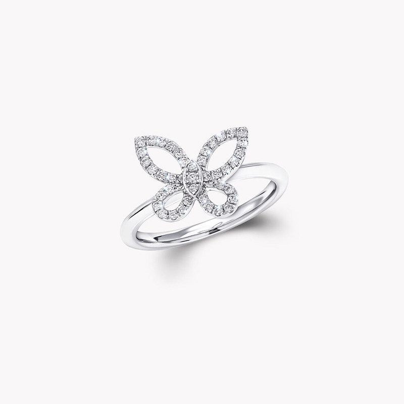 Hollow Butterfly Shaped Pave Lab Cultured Diamond Ring With Plain Round Band