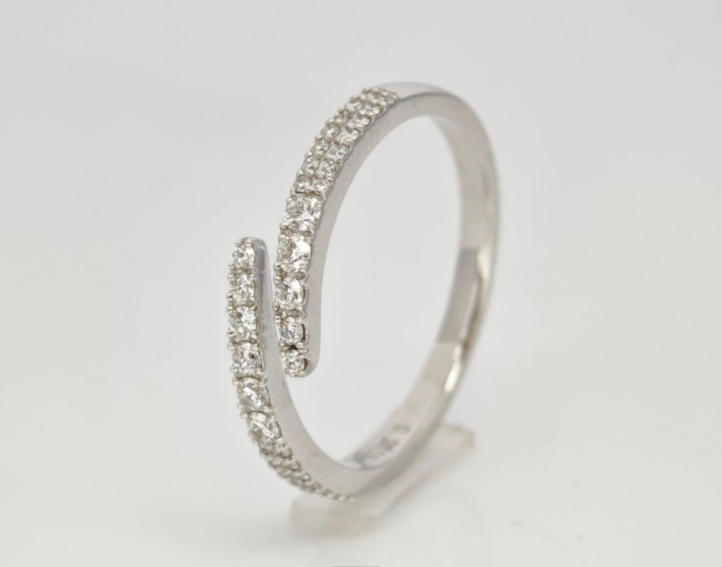 Bypass Split Double Row Pave White Gold Man Made Diamond Adjustable Stackable Wrap Band front view