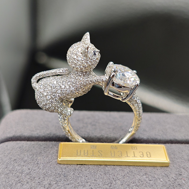 Round Cut Main Stone Diamond Ring With A Full Pave Cat Shoulder & Half Pave Band