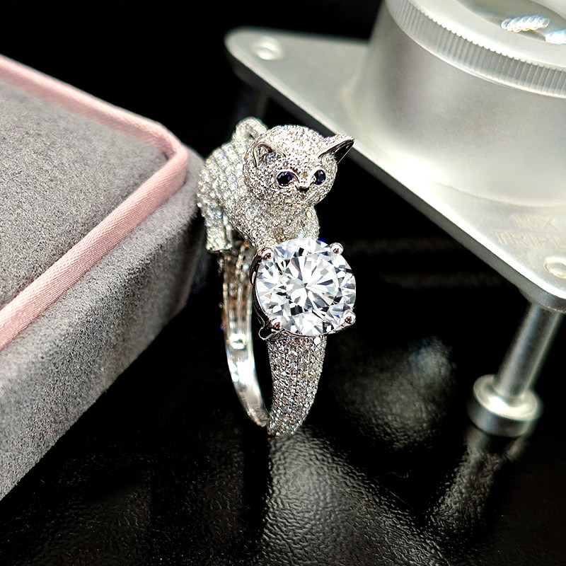 Round Cut Main Stone Diamond Ring With A Full Pave Cat Shoulder & Half Pave Band details