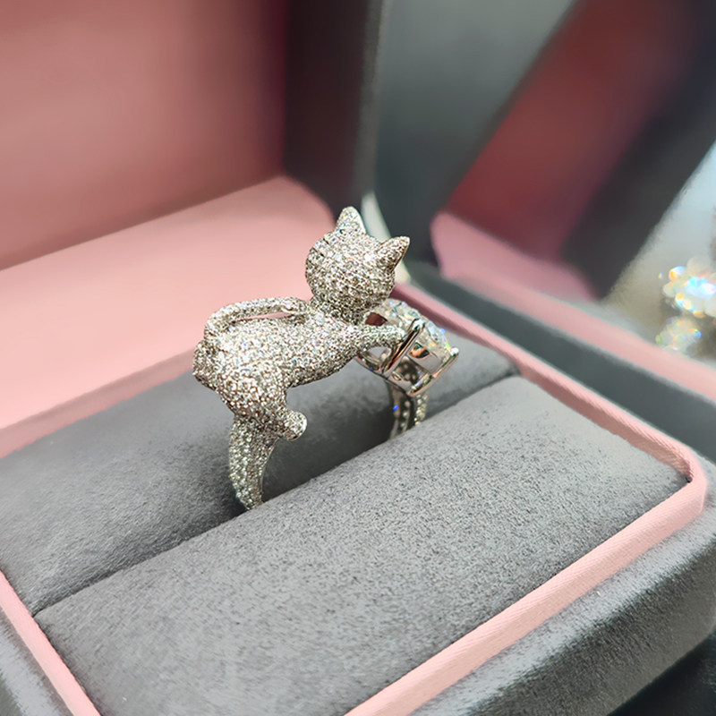 Round Cut Main Stone Diamond Ring With A Full Pave Cat Shoulder & Half Pave Band in box