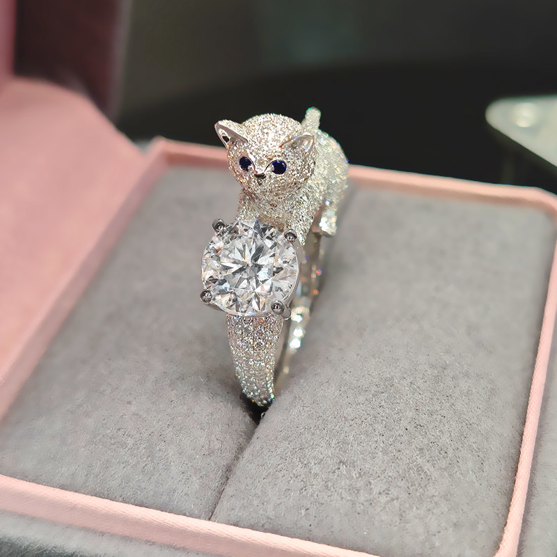 Round Cut Main Stone Diamond Ring With A Full Pave Cat Shoulder & Half Pave Band front view