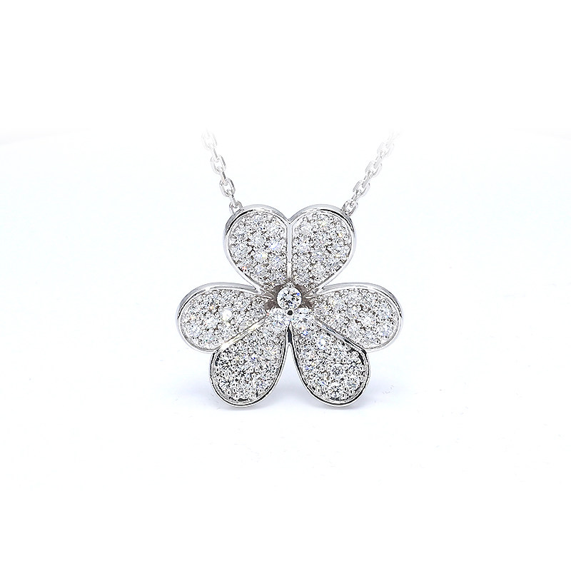 Solitaire Shamrock Motif Full Pave Bezel White Gold Necklace