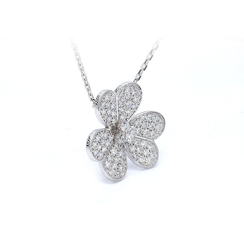 Solitaire Shamrock Motif Full Pave Bezel Pendant White Gold Necklace side view