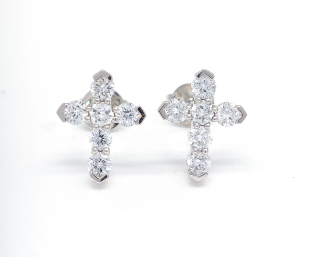Cluster Round Synthetic Diamond Faith Inspired Cross Shape Stud Earrings