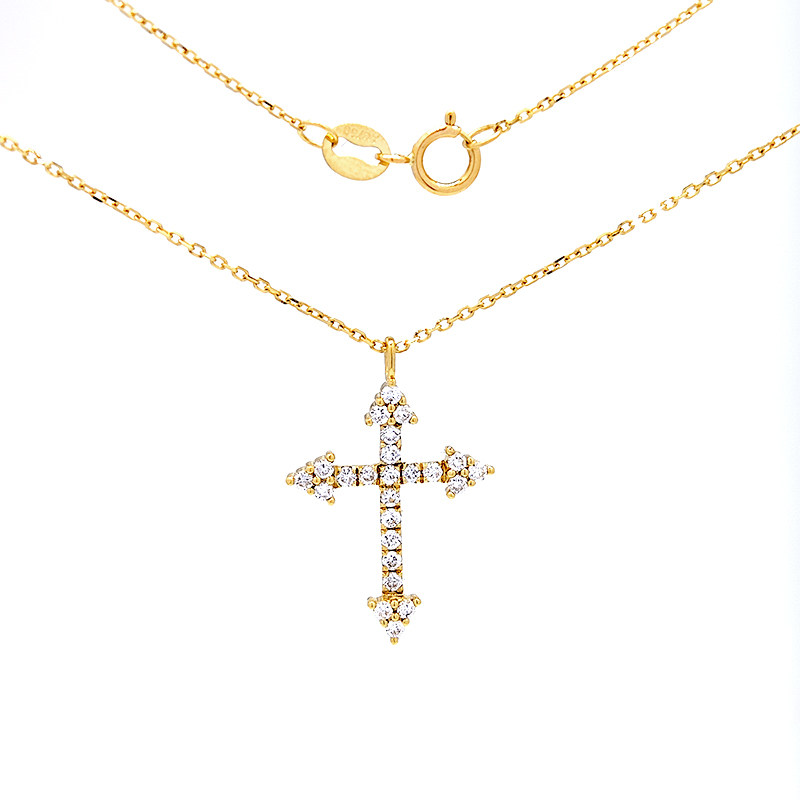 Art Deco 4 Pointed Cross Motif Pave Lab Diamond Yellow Gold Necklace