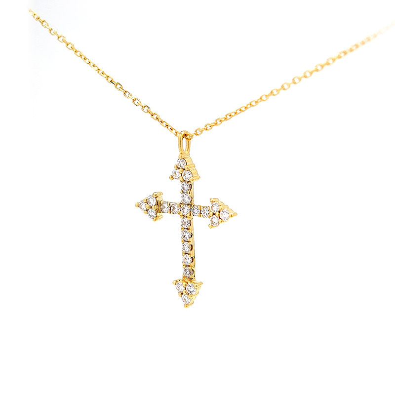 Art Deco 4 Pointed Cross Motif Pave Lab Diamond Yellow Gold Necklace close-up