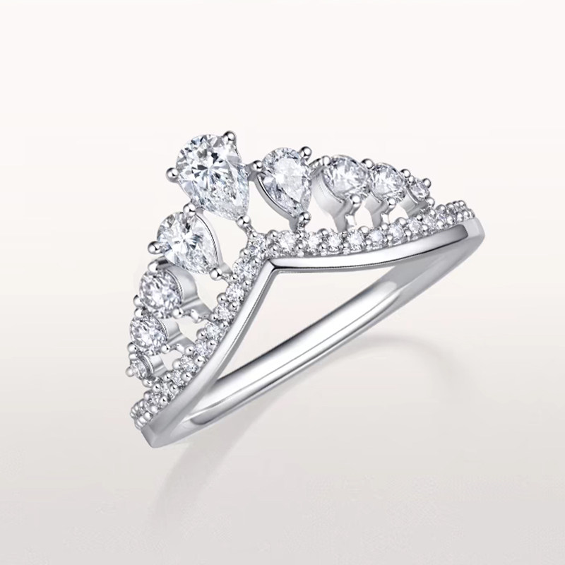 Crown Motif Pear & Round Cut Lab Diamond Ring With Single Side Half Pave Curved Shank
