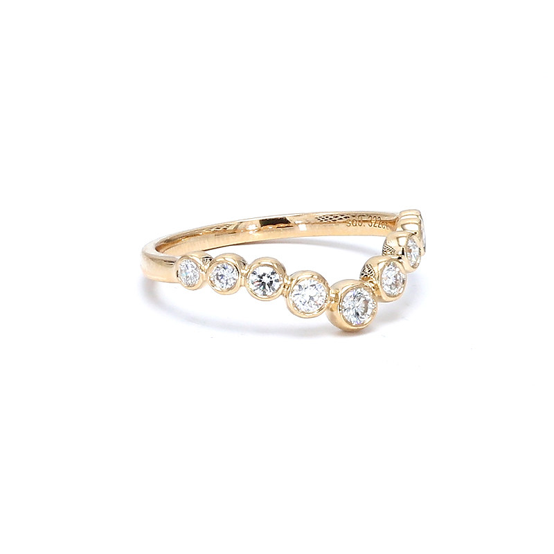Curved Chevron Bezel Yellow Gold Manufactured Diamond Stackable Contour Band close up