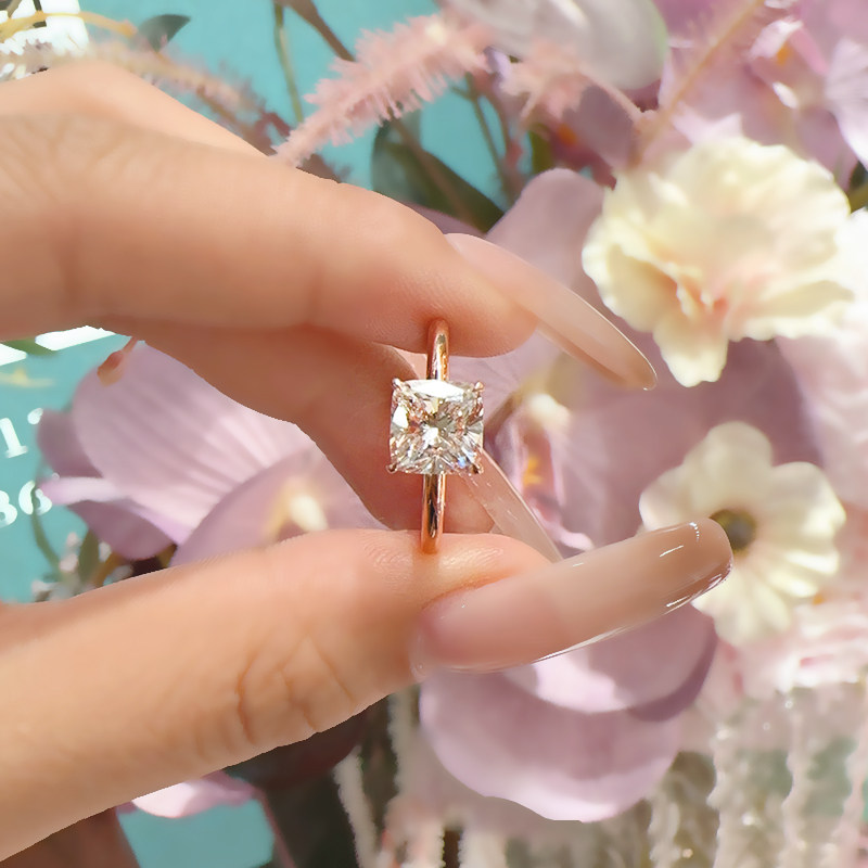 4 Prong Cushion Cut Minimalist Solitaire Diamond Ring With Polished Slim Round Band