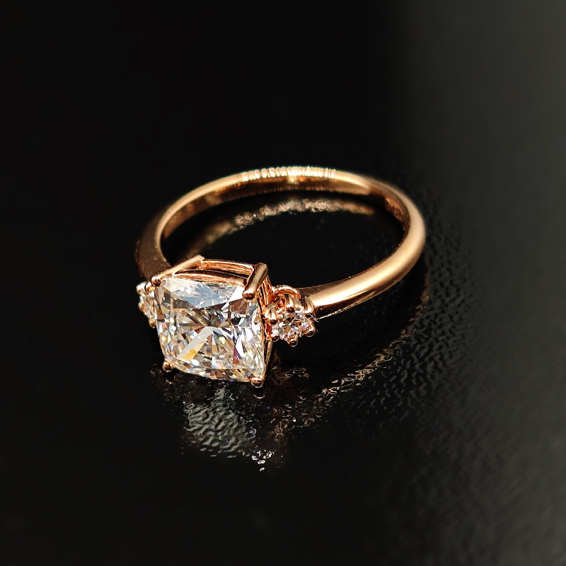 3 Stone Cushion Cut Main Stone Synthetic Diamond Ring With Round Polished Band