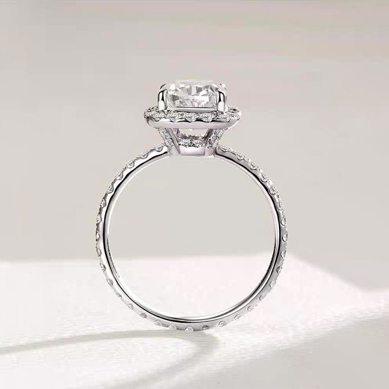 Cushion Cut Main Stone Halo & Hidden Halo Lab Diamond Ring With Full Pave Band side view