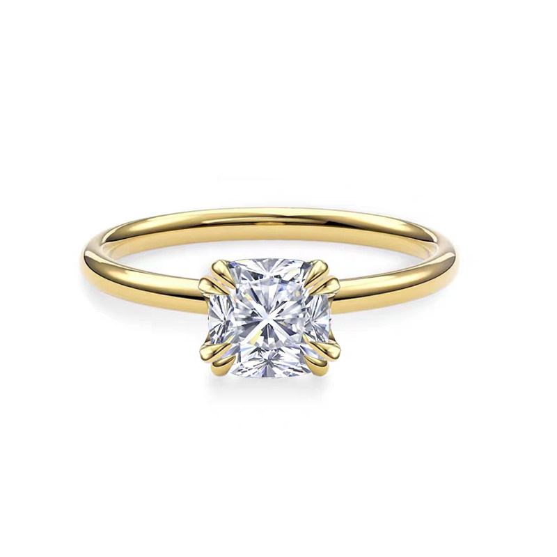 4 Split Prong Solitaire Cushion Cut Lab Diamond Ring With Plain Round Band