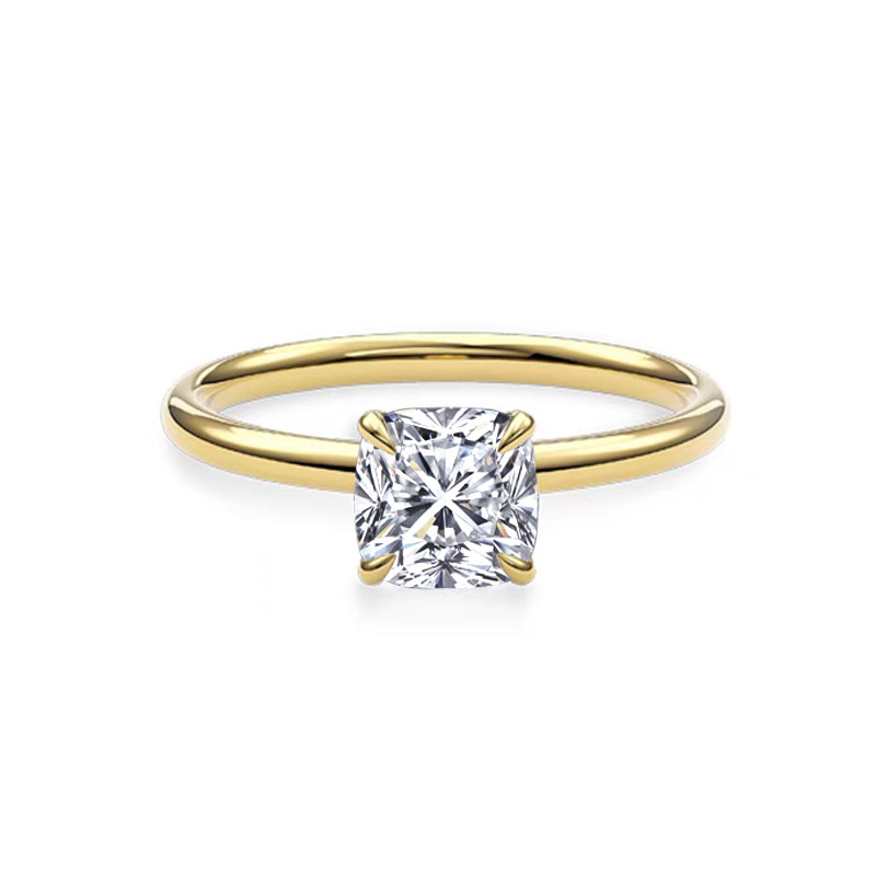 Cushion Cut 4 Prong Solitaire Low Profile Lab Cultured Diamond Ring front view