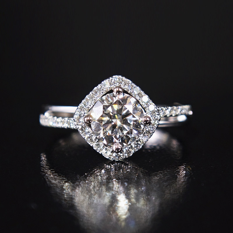 Round Cut Center Stone Cushion Shaped Halo Diamond Ring With Half Pave Shank