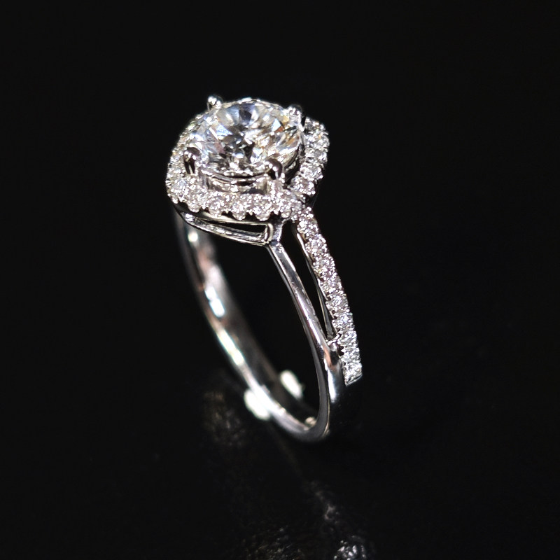 Round Cut Center Stone Cushion Shaped Halo Diamond Ring With Half Pave Shank side view