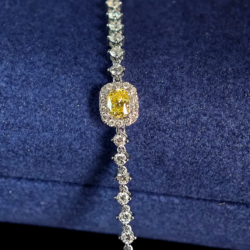 Solitaire Cushion Halo Yellow Lab Diamond Bracelet with tennis chain in white gold