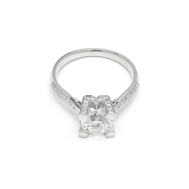Custom W-Shaped Block Prong Pave Diamond Modern Solitaire Engagement Ring