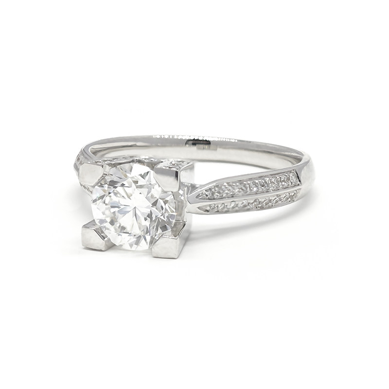 Custom W-Shaped Block Prong Pave Diamond Modern Solitaire Engagement Ring front side view