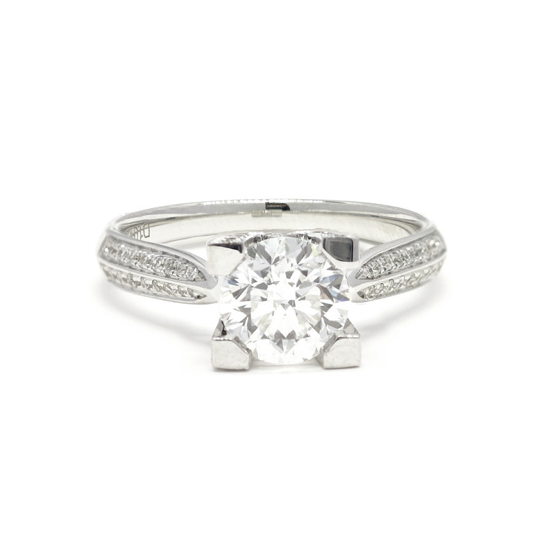 Custom W-Shaped Block Prong Pave Diamond Modern Solitaire Engagement Ring front view