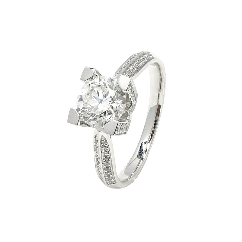 Custom W-Shaped Block Prong Pave Diamond Modern Solitaire Engagement Ring close up