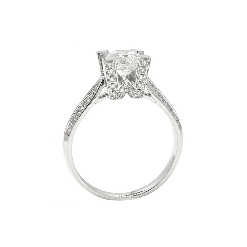 Custom W-Shaped Block Prong Pave Diamond Modern Solitaire Engagement Ring back close up