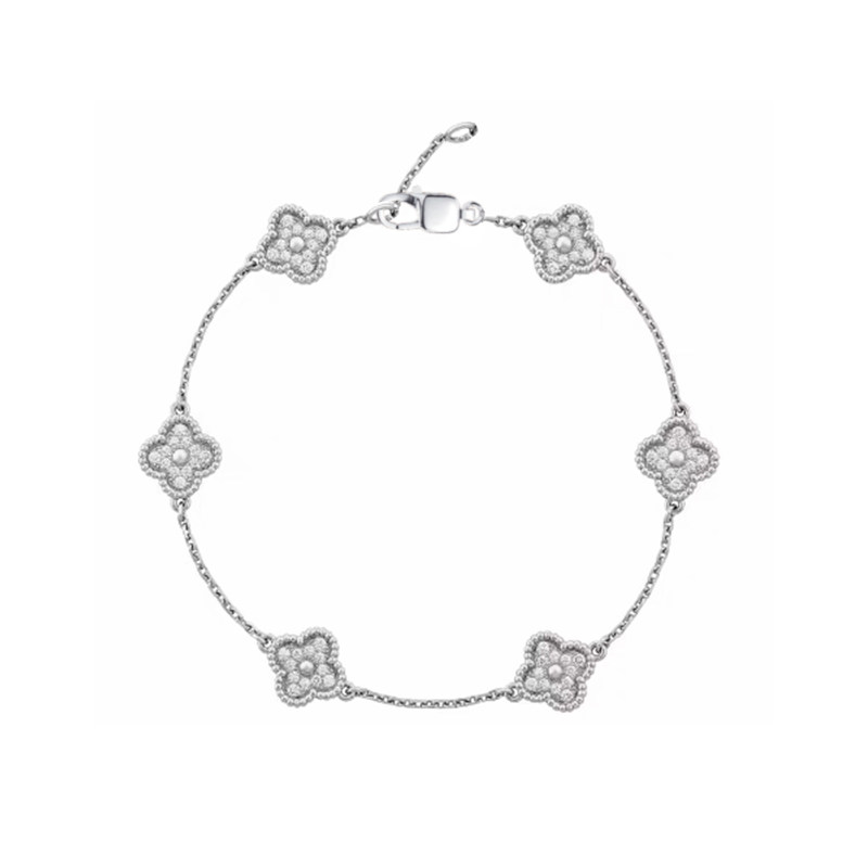 Alternating Four-Leaf Clover Motif Full Pave Synthetic Diamond White Gold Bracelet