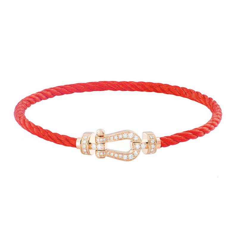Pave Diamond Horseshoe Shackle Clasp Red Twisted Cord Bracelet in Rose Gold