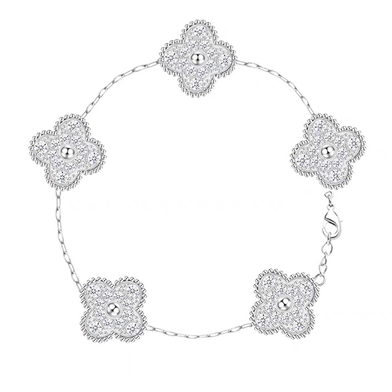 5 Alternating Four-Leaf Clover Pave & Micro Beads Edge Lab Diamond Bracelet