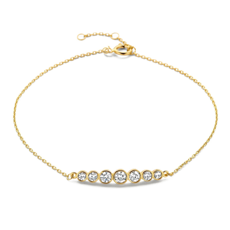Graduated Bubble Bezel Round Lab Diamond Horizontal Bar Yellow Gold Dainty Bracelet