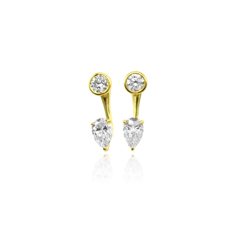 3 Prong Pear Cut & Round Bezel 2 Stone Yellow Gold Stud Earrings