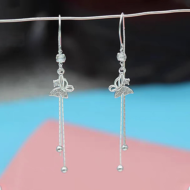 White Gold Butterfly Tassel Half Pave Long Drop Dangle Earrings With Round Beads