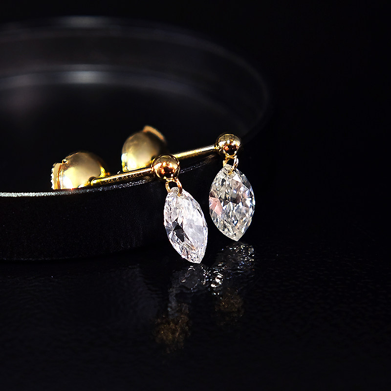 Yellow Gold Bead Shaped Stud With Pierced Marquise Cut Lab Diamond Drop Earring