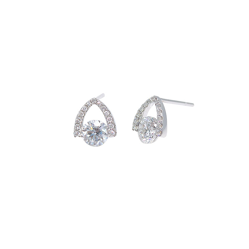 Open Triangle Pave Halo Round Cut Lab Grown Diamond White Gold Stud Earrings