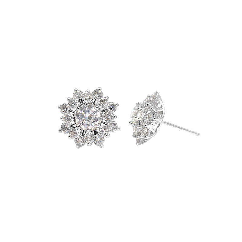 Snowflake Motif Round Cut Main Stone &amp; Layered Full Pave Diamond Stud Earrings