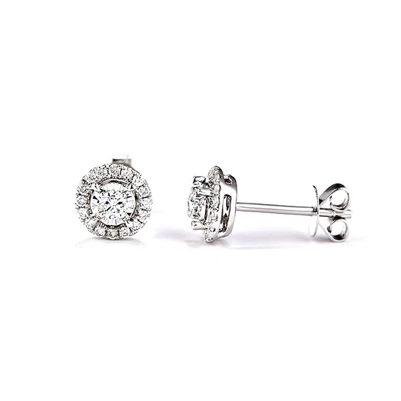 Round Cut Solitaire Halo Man Made Diamond Stud Earrings With Butterfly Back