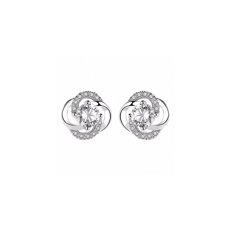 4-Strand Intertwined Floral Design Round Stone &amp; Half Pave Stud Earrings