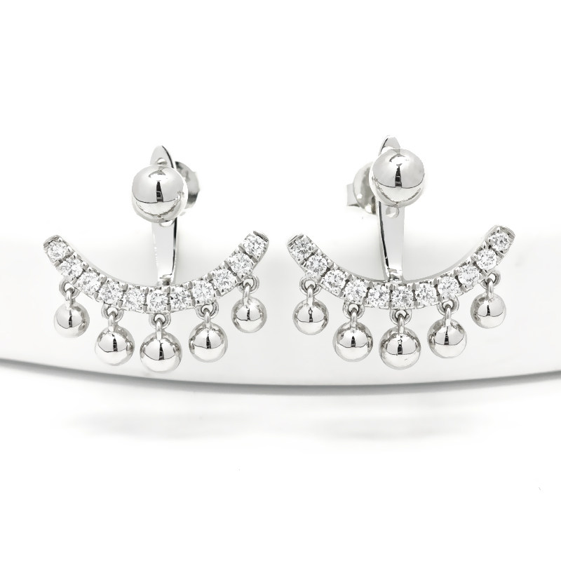 White Gold Smile Bar Full Pave Lab Created Diamond Drop Earrings with 5 Bead Charms