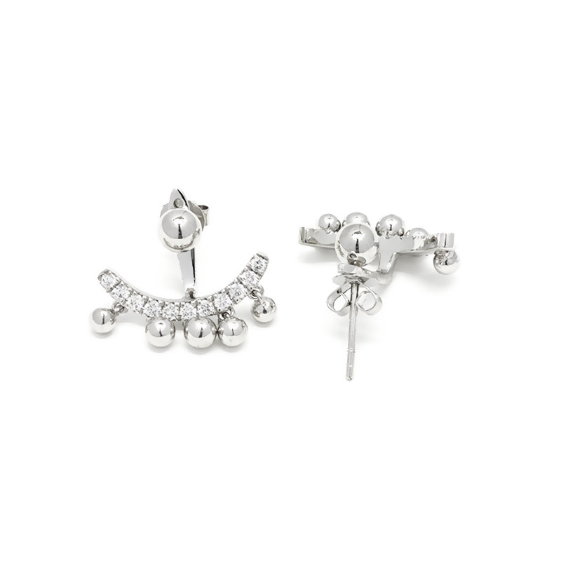 White Gold Smile Bar Full Pave Lab Created Diamond Drop Earrings with 5 Bead Charms close-up