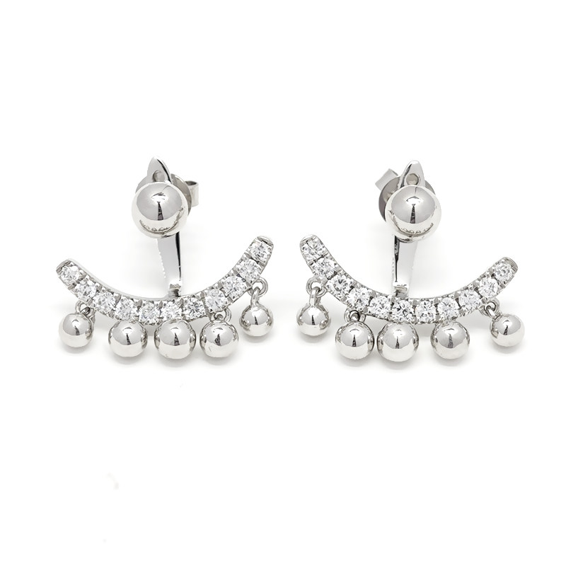 White Gold Smile Bar Full Pave Lab Created Diamond Drop Earrings with 5 Bead Charms front view