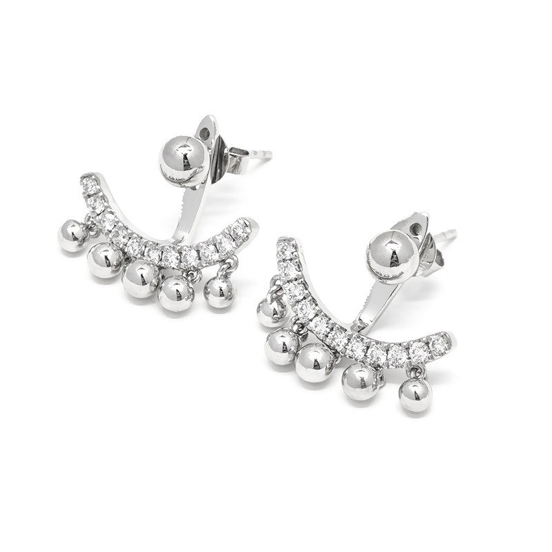 White Gold Smile Bar Full Pave Lab Created Diamond Drop Earrings with 5 Bead Charms side view
