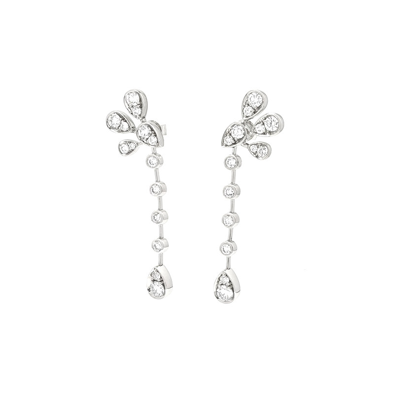 Teardrop Pave Floral Top Linear Chain Lab Grown Diamond White Gold Drop Earrings