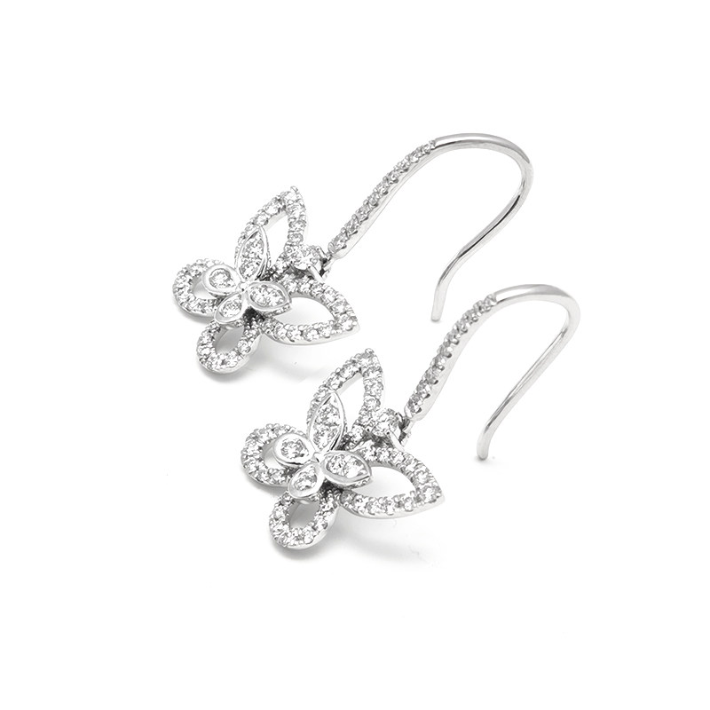 Overlapping Butterfly Frame Full Pave Lab Diamond Drop Earrings With Half Pave French Hook close-up